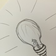 Notiz aus einer Fortbildung, grobe Zeichnung einer leuchtende Glühbirne
