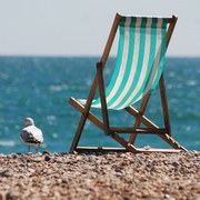 Auf einem Sandstrand steht ein Klappliegestuhl. Daneben steht eine Möwe auf dem Sand. Im Hintergrund das Meer.