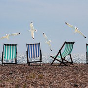 Vier liegestühle am Strand. Der dritte von links leicht versetzt. Drum herum fliegen Möwen. Im Hintergrund das Meer.