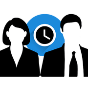 BewerberIn Zwei schwarze Siluetten. Eine FRasu link. Ein Mann rechts. Im Hintergrund eine Uhr in Blau und weiß.