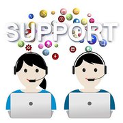 Grafik mit einer Frau und einem Mann. Beide haben dunkle Haare, tragen ein Headset und sitzen hinter einem Laptop. Darüber steht in weiß-grauer Schrift: "Support". Im Hintergrund viele kleine, runde, bunte Symbole.